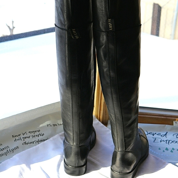 Lust For Life black leather 22" high boots 8.5 suede lace pewter chain link New - Picture 12 of 14